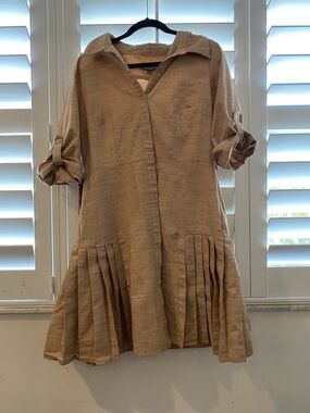 Beige Pleated Hem Shirt Dress - Women